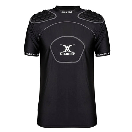 Introducing the Gilbert Atomic V3 Body Armour—a black short-sleeve rugby shirt with padded shoulders and chest, featuring distinctive Gilbert branding on the chest and sleeves. Designed for lightweight rugby protection, this moisture-wicking body armour delivers a comfortable fit alongside durable coverage, making it ideal for intense matches or rigorous training sessions.