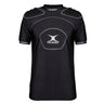 Introducing the Gilbert Atomic V3 Body Armour—a black short-sleeve rugby shirt with padded shoulders and chest, featuring distinctive Gilbert branding on the chest and sleeves. Designed for lightweight rugby protection, this moisture-wicking body armour delivers a comfortable fit alongside durable coverage, making it ideal for intense matches or rigorous training sessions.