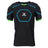 Introducing the Gilbert Charger X1.1 Body Armour: a black, short-sleeve padded sports shirt featuring blue seam detailing and neon green trim on the sleeves. Designed by Gilbert for rugby players prioritizing comfort and performance, this lightweight, moisture-wicking rugby protection gear is showcased against a plain white background.