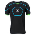 Introducing the Gilbert Charger X1.1 Body Armour: a black, short-sleeve padded sports shirt featuring blue seam detailing and neon green trim on the sleeves. Designed by Gilbert for rugby players prioritizing comfort and performance, this lightweight, moisture-wicking rugby protection gear is showcased against a plain white background.