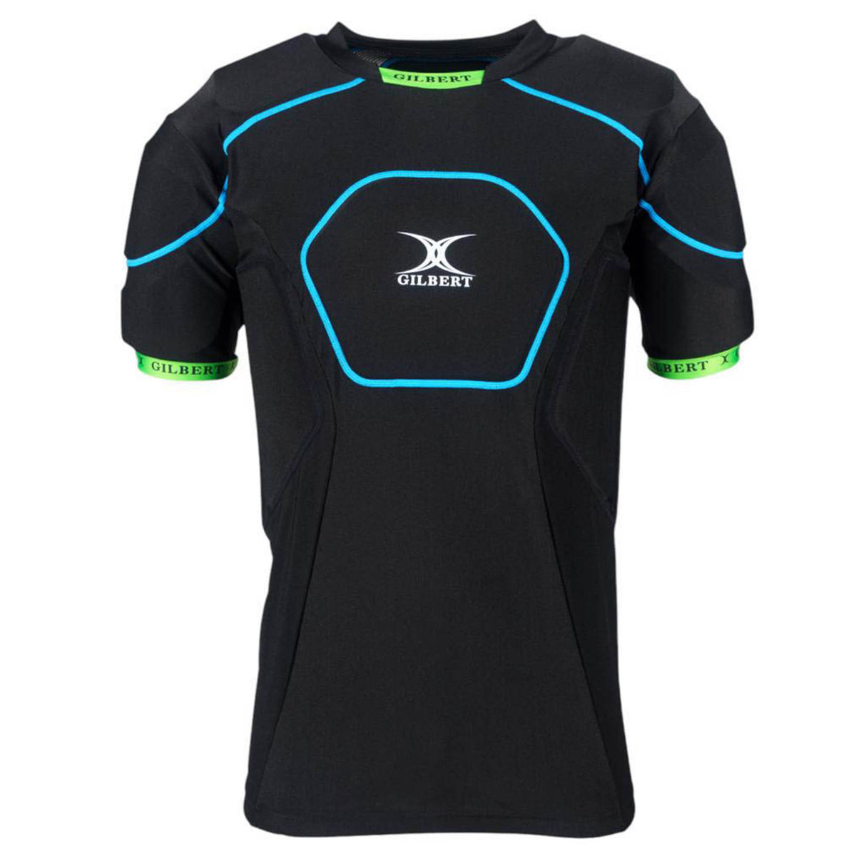 Introducing the Gilbert Charger X1.1 Body Armour: a black, short-sleeve padded sports shirt featuring blue seam detailing and neon green trim on the sleeves. Designed by Gilbert for rugby players prioritizing comfort and performance, this lightweight, moisture-wicking rugby protection gear is showcased against a plain white background.