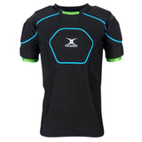 Introducing the Gilbert Charger X1.1 Body Armour: a black, short-sleeve padded sports shirt featuring blue seam detailing and neon green trim on the sleeves. Designed by Gilbert for rugby players prioritizing comfort and performance, this lightweight, moisture-wicking rugby protection gear is showcased against a plain white background.