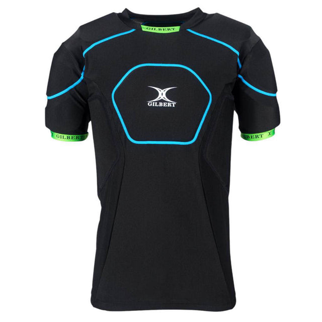Introducing the Gilbert Charger X1.1 Body Armour: a black, short-sleeve padded sports shirt featuring blue seam detailing and neon green trim on the sleeves. Designed by Gilbert for rugby players prioritizing comfort and performance, this lightweight, moisture-wicking rugby protection gear is showcased against a plain white background.