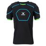 Introducing the Gilbert Charger X1.1 Body Armour: a black, short-sleeve padded sports shirt featuring blue seam detailing and neon green trim on the sleeves. Designed by Gilbert for rugby players prioritizing comfort and performance, this lightweight, moisture-wicking rugby protection gear is showcased against a plain white background.