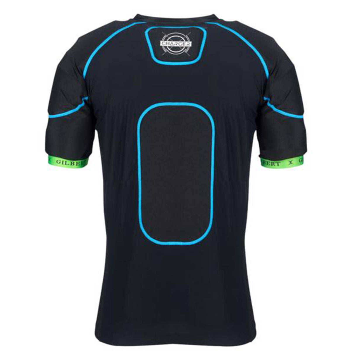 The Gilbert Charger X1.1 Body Armour by Gilbert is a black short-sleeved sports shirt featuring blue stitching, a rectangular padded area on the back, and green bands around each sleeve. This lightweight rugby protection offers moisture-wicking performance to keep you comfortable and dry during intense play, making it an ideal choice for enhanced safety as rugby body armour on the field.