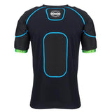 The Gilbert Charger X1.1 Body Armour by Gilbert is a black short-sleeved sports shirt featuring blue stitching, a rectangular padded area on the back, and green bands around each sleeve. This lightweight rugby protection offers moisture-wicking performance to keep you comfortable and dry during intense play, making it an ideal choice for enhanced safety as rugby body armour on the field.