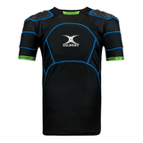 a black and blue Gilbert XP500 Protective Body Armour rugby shirt.