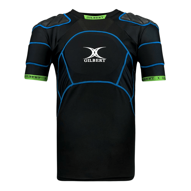 a black and blue Gilbert XP500 Protective Body Armour rugby shirt.