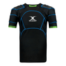 a black and blue Gilbert XP500 Protective Body Armour rugby shirt.