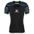 The Gilbert XP100 Protective Body Armour is a black rugby shoulder pad shirt with green and blue accents, featuring padded shoulders and upper arms, displayed on a plain white background.