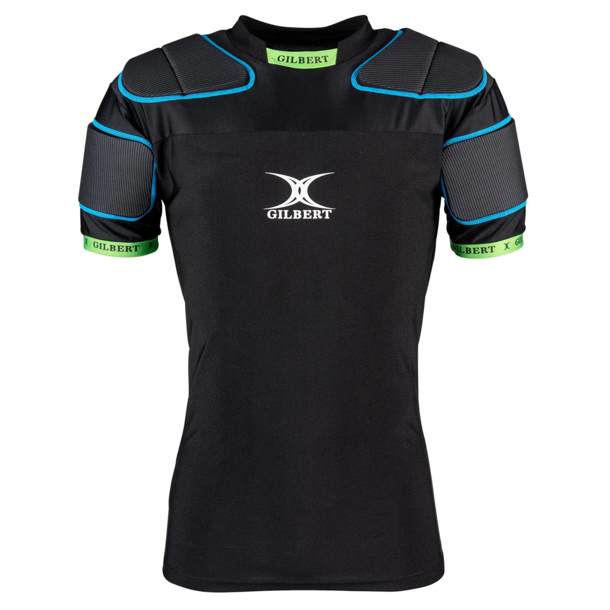 The Gilbert XP100 Protective Body Armour is a black rugby shoulder pad shirt with green and blue accents, featuring padded shoulders and upper arms, displayed on a plain white background.