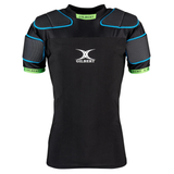 The Gilbert XP100 Protective Body Armour is a black rugby shoulder pad shirt with green and blue accents, featuring padded shoulders and upper arms, displayed on a plain white background.
