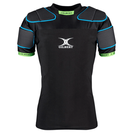 The Gilbert XP100 Protective Body Armour is a black rugby shirt with shoulder and upper arm protection, green trim on sleeves and collar, and features the Gilbert logo. Designed for high-performance sports with recycled pads.