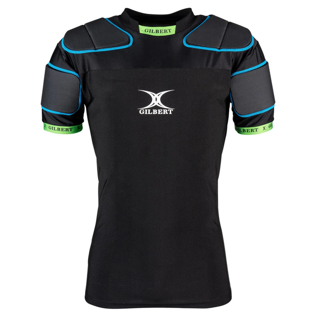 The Gilbert XP100 Protective Body Armour is a black rugby shoulder pad shirt with green and blue accents, featuring padded shoulders and upper arms, displayed on a plain white background.