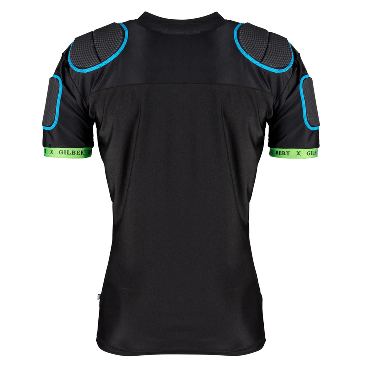 The XP100 Protective Body Armour by Gilbert is a black sports shirt with green-trimmed sleeves, blue-outlined rugby shoulder pads for comfort and protection, and "Gilbert" printed on the sleeve bands.