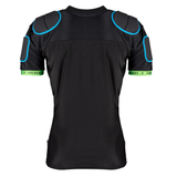 The XP100 Protective Body Armour by Gilbert is a black sports shirt with green-trimmed sleeves, blue-outlined rugby shoulder pads for comfort and protection, and "Gilbert" printed on the sleeve bands.