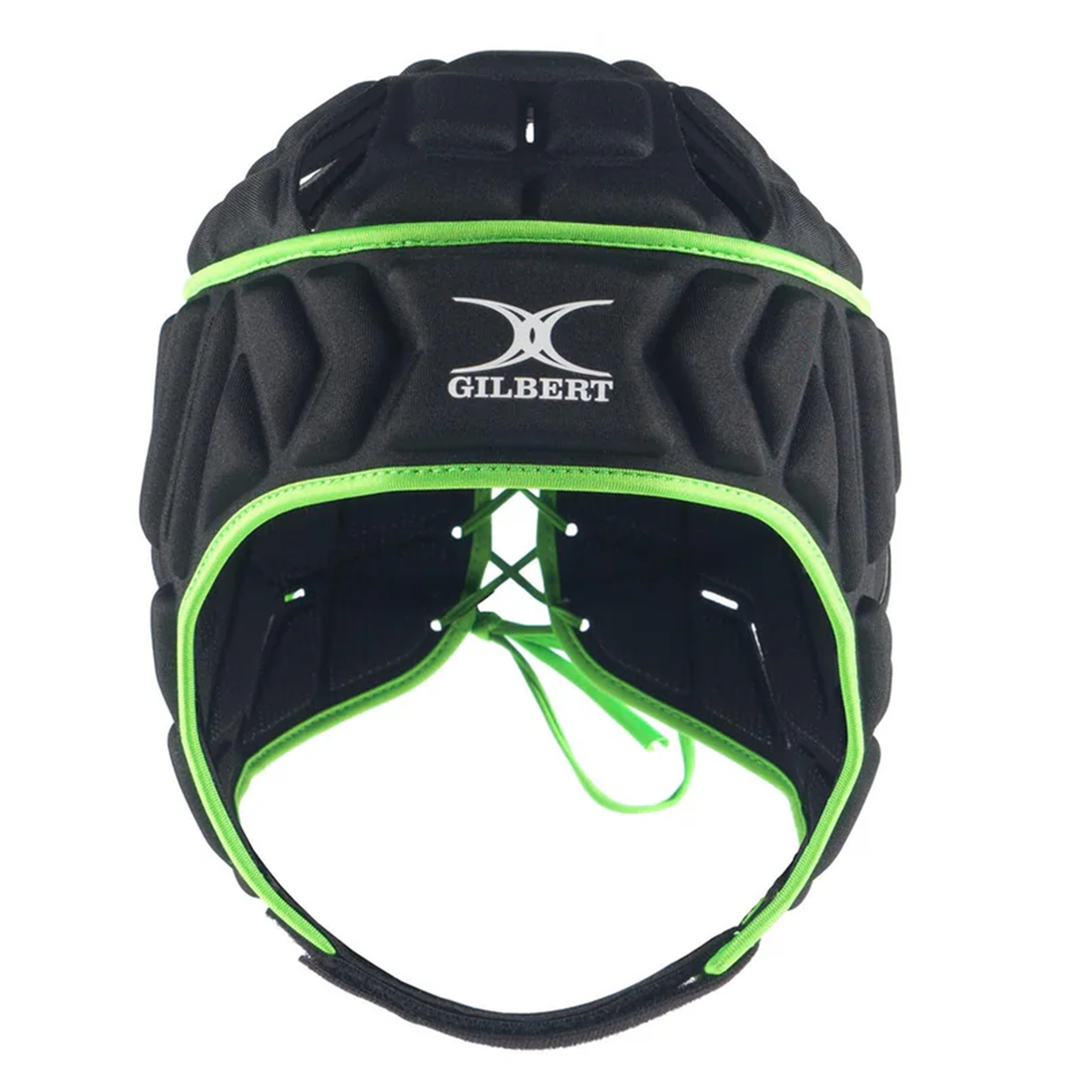 The Gilbert Vapour 5-25 Headguard is black and green, with a lace-up back, chin strap, and 5-layer foam for enhanced impact protection. Front view shown.