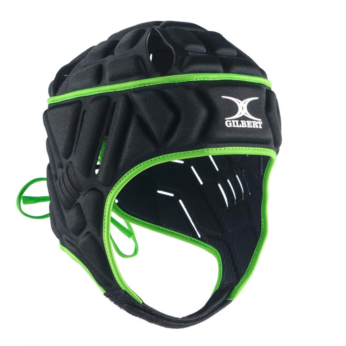 The Vapour 5-25 Headguard by Gilbert features black and green padding, 5-layer foam for superior impact protection, the Gilbert logo on the front, and adjustable laces at the back.