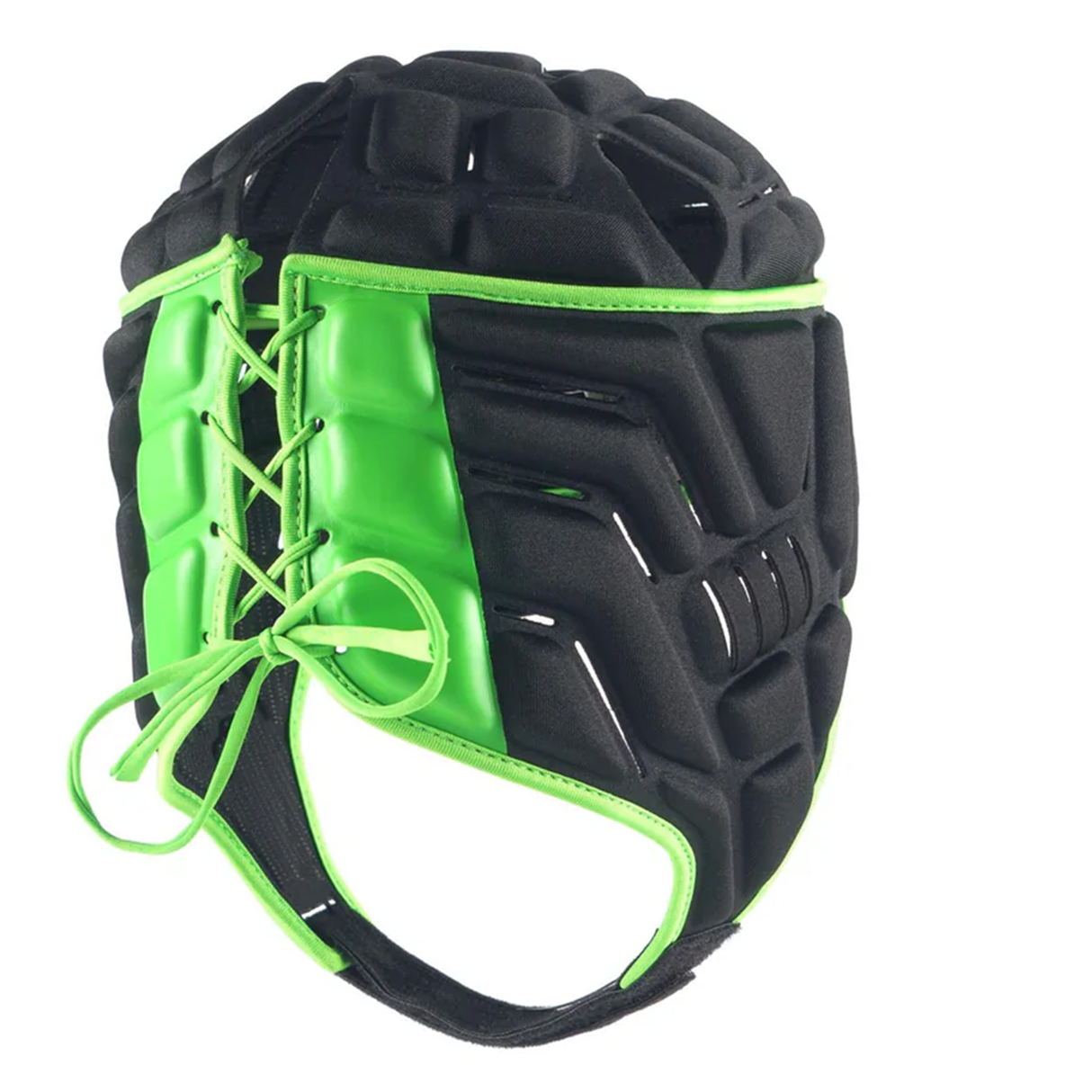 The Vapour 5-25 Headguard by Gilbert features a black and green design with laces, 5-layer foam for impact protection, and is ideal for rugby and martial arts, ensuring head safety. Shown against a white background.