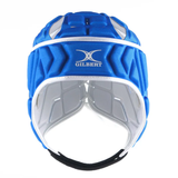 The Gilbert Vapour 5-25 Headguard is a blue and white padded rugby headguard featuring 5-layer foam and a chin strap, shown front-facing on a white background.