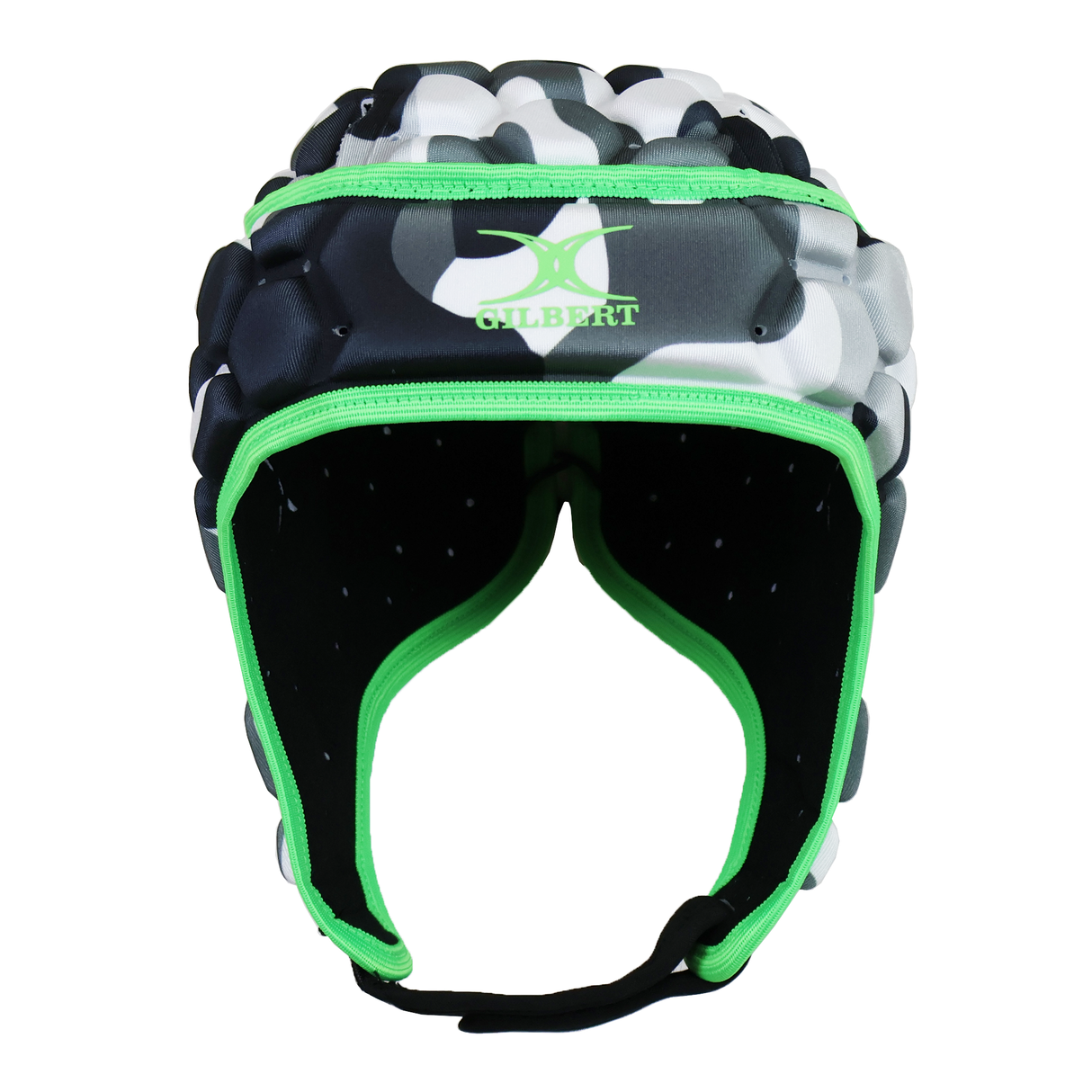 The Gilbert XP 250 Headguard - Camo Edition features black, white, and gray camo with green trim and the Gilbert logo on the forehead, offering top protection and style for rugby players.