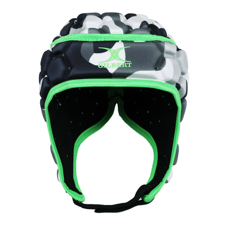 Front view of the Gilbert XP 250 Camo rugby headguard in black, white and grey with green trim, Gilbert logo and black chin strap.