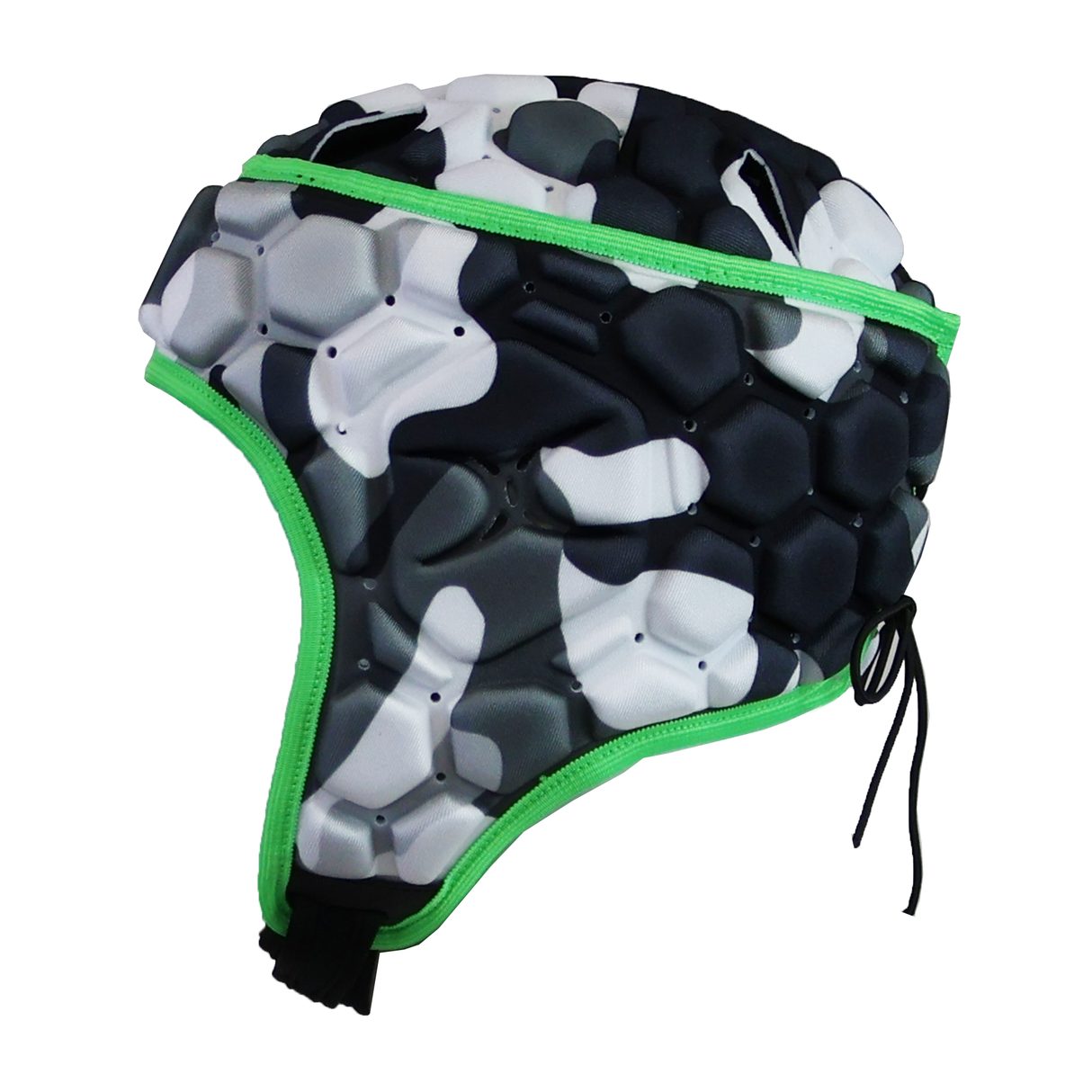 The Gilbert XP 250 Headguard - Camo Edition features black, white, and gray camo design with green trim and adjustable black straps.