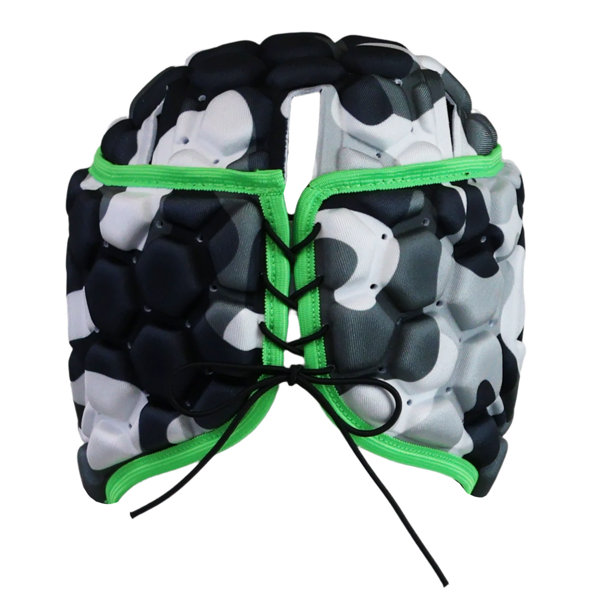 The XP 250 Headguard - Camo Edition by Gilbert is a padded rugby scrum cap with a black, white, and gray hexagonal pattern, green trim, and black lace-up closure at the back.