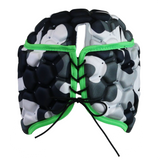 The XP 250 Headguard - Camo Edition by Gilbert is a padded rugby scrum cap with a black, white, and gray hexagonal pattern, green trim, and black lace-up closure at the back.