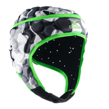 The XP 250 Headguard - Camo Edition by Gilbert is a black, white, and gray padded rugby scrum cap featuring green trim and the distinctive Gilbert logo on the front.
