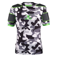 The XP 100 Protective Body Armour - Camo Edition by Gilbert is a short-sleeve sports shirt with black shoulder pads, neon green accents, and "Gilbert" branding on the chest, collar, and sleeves.