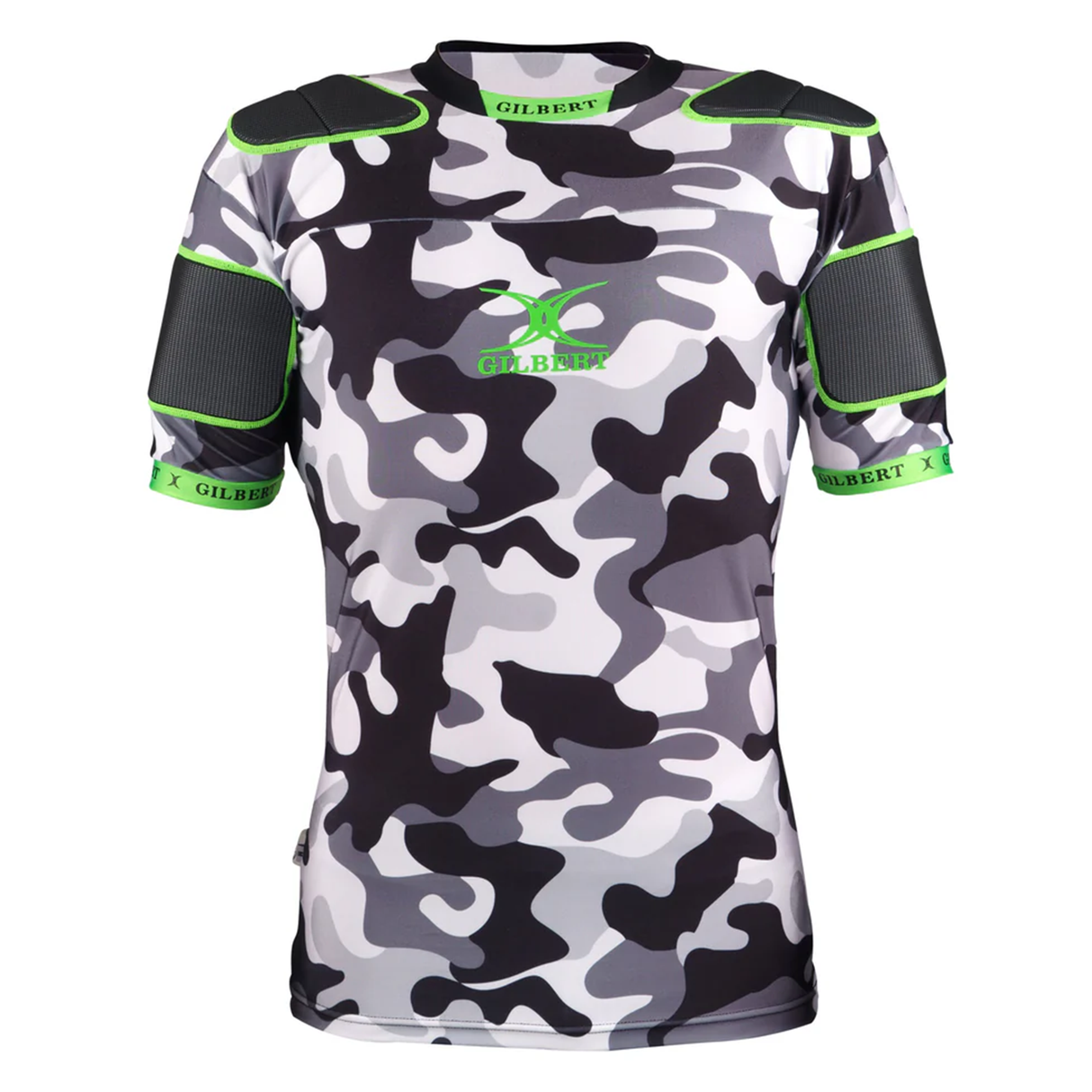 The XP 100 Protective Body Armour - Camo Edition by Gilbert is a short-sleeve sports shirt with black shoulder pads, neon green accents, and "Gilbert" branding on the chest, collar, and sleeves.