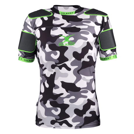 The XP 100 Protective Body Armour - Camo Edition by Gilbert is a short-sleeve sports shirt with black shoulder pads, neon green accents, and "Gilbert" branding on the chest, collar, and sleeves.