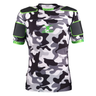 The XP 100 Protective Body Armour - Camo Edition by Gilbert is a short-sleeve sports shirt with black shoulder pads, neon green accents, and "Gilbert" branding on the chest, collar, and sleeves.