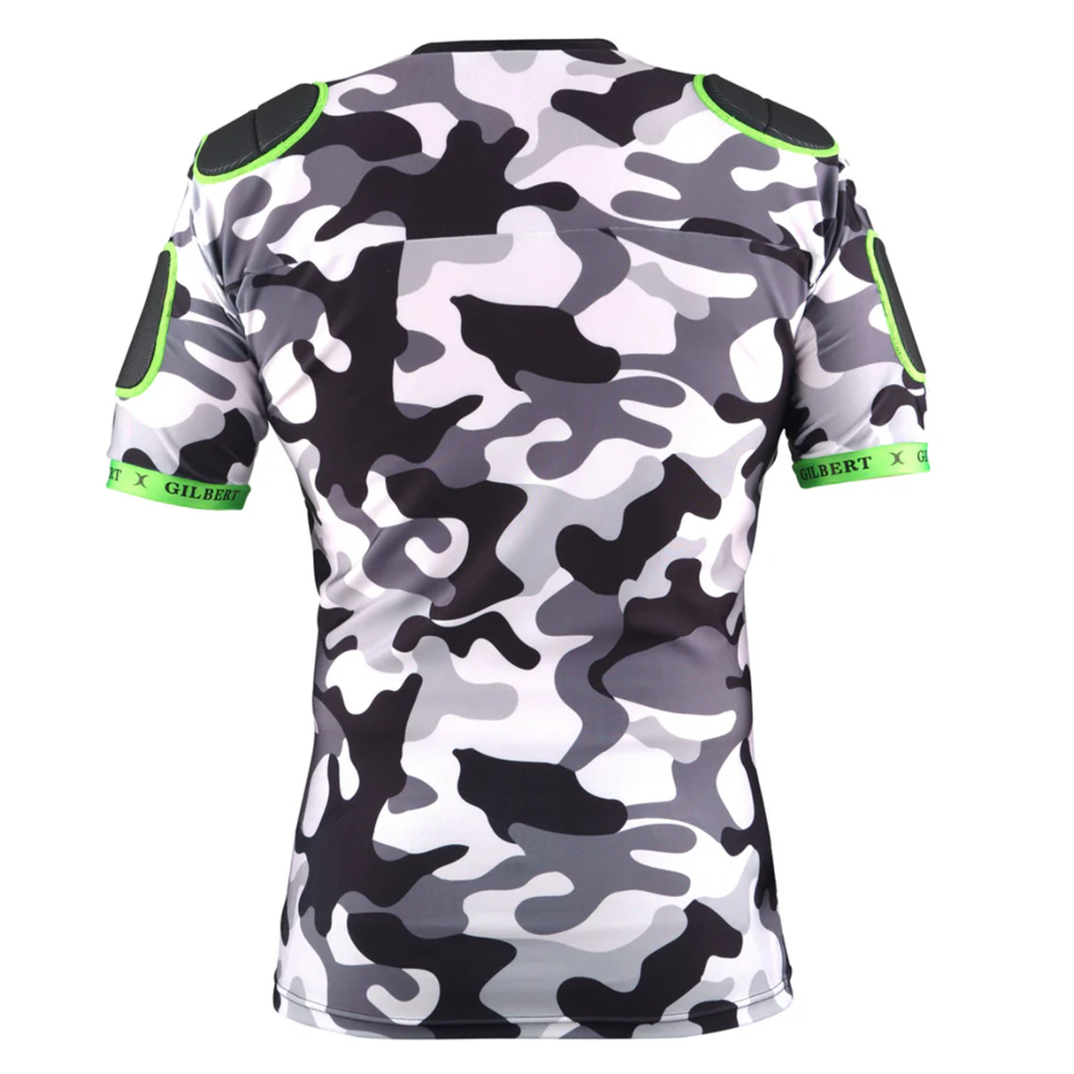 The XP 100 Protective Body Armour - Camo Edition by Gilbert features a black, white, and gray camo pattern with green shoulder/elbow patches and green sleeve trim—back view. Inspired by classic Gilbert protective body armour designs.