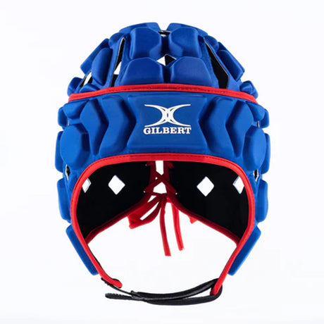 Gilbert Octane headguard in blue and red with padded panels, ventilation holes and a chin strap.