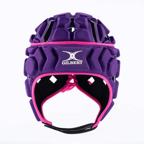 Gilbert Octane headguard in purple and pink with padded panels, ventilation holes and a chin strap.
