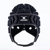 Introducing the Gilbert Octane Headguard by Gilbert—a black padded rugby scrum cap with EVA padding for enhanced comfort, displayed from the front against a plain white background. This headguard is a reliable choice for protective rugby headgear.
