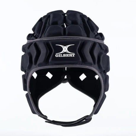 Gilbert Octane headguard in black with padded panels, ventilation holes and a chin strap.