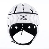 The Gilbert Octane Headguard, shown from the front against a plain white background, is a white padded rugby scrum cap featuring protective padding for enhanced safety and the Gilbert logo on the forehead—an ideal choice for rugby players.