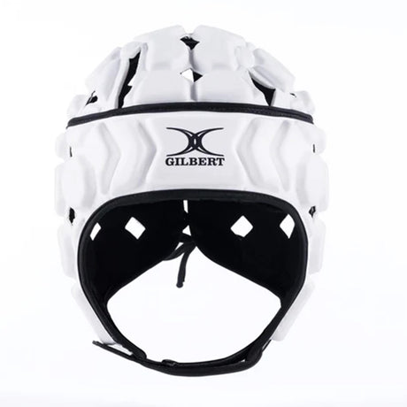 Gilbert Octane headguard in white and black with padded panels, ventilation holes and a chin strap.