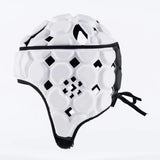 The Gilbert Octane Headguard by Gilbert is a white padded rugby headguard featuring hexagonal and square cutouts, constructed with EVA padding for enhanced comfort. It includes black trim and a black tie at the back, and is displayed against a plain white background.