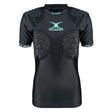 Women's Triflex V3 Body Armour by Gilbert is a black, short-sleeve padded rugby shirt featuring the "GILBERT" logo on the chest; this lightweight protective gear offers enhanced padding on the shoulders and chest areas for superior impact protection in women's sports.