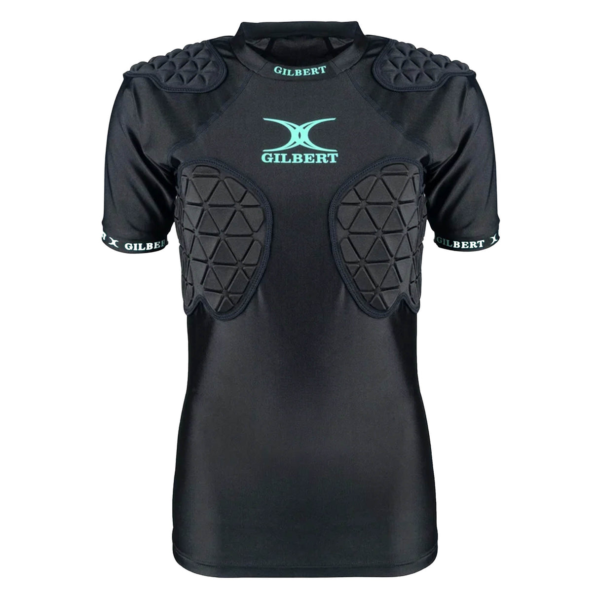 Women's Triflex V3 Body Armour by Gilbert is a black, short-sleeve padded rugby shirt featuring the "GILBERT" logo on the chest; this lightweight protective gear offers enhanced padding on the shoulders and chest areas for superior impact protection in women's sports.