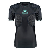 Women's Triflex V3 Body Armour by Gilbert is a black, short-sleeve padded rugby shirt featuring the "GILBERT" logo on the chest; this lightweight protective gear offers enhanced padding on the shoulders and chest areas for superior impact protection in women's sports.