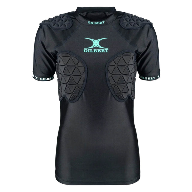 Women's Triflex V3 Body Armour by Gilbert is a black, short-sleeve padded rugby shirt featuring the "GILBERT" logo on the chest; this lightweight protective gear offers enhanced padding on the shoulders and chest areas for superior impact protection in women's sports.
