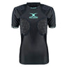 Women's Triflex V3 Body Armour by Gilbert is a black, short-sleeve padded rugby shirt featuring the "GILBERT" logo on the chest; this lightweight protective gear offers enhanced padding on the shoulders and chest areas for superior impact protection in women's sports.