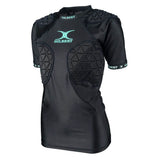 Women's Triflex V3 Body Armour by Gilbert, a black sports shirt featuring lightweight protective padding and padded shoulders and chest panels with advanced Triflex V3 technology, designed for protection in contact sports such as women's rugby body armour, displayed on a plain white background.