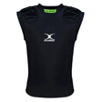 The Gilbert Vapour Vest is a black, sleeveless rugby shoulder pad shirt designed with molded padded sections on the shoulders for superior impact absorption, crafted as a breathable base layer and finished with a white Gilbert logo on the chest.