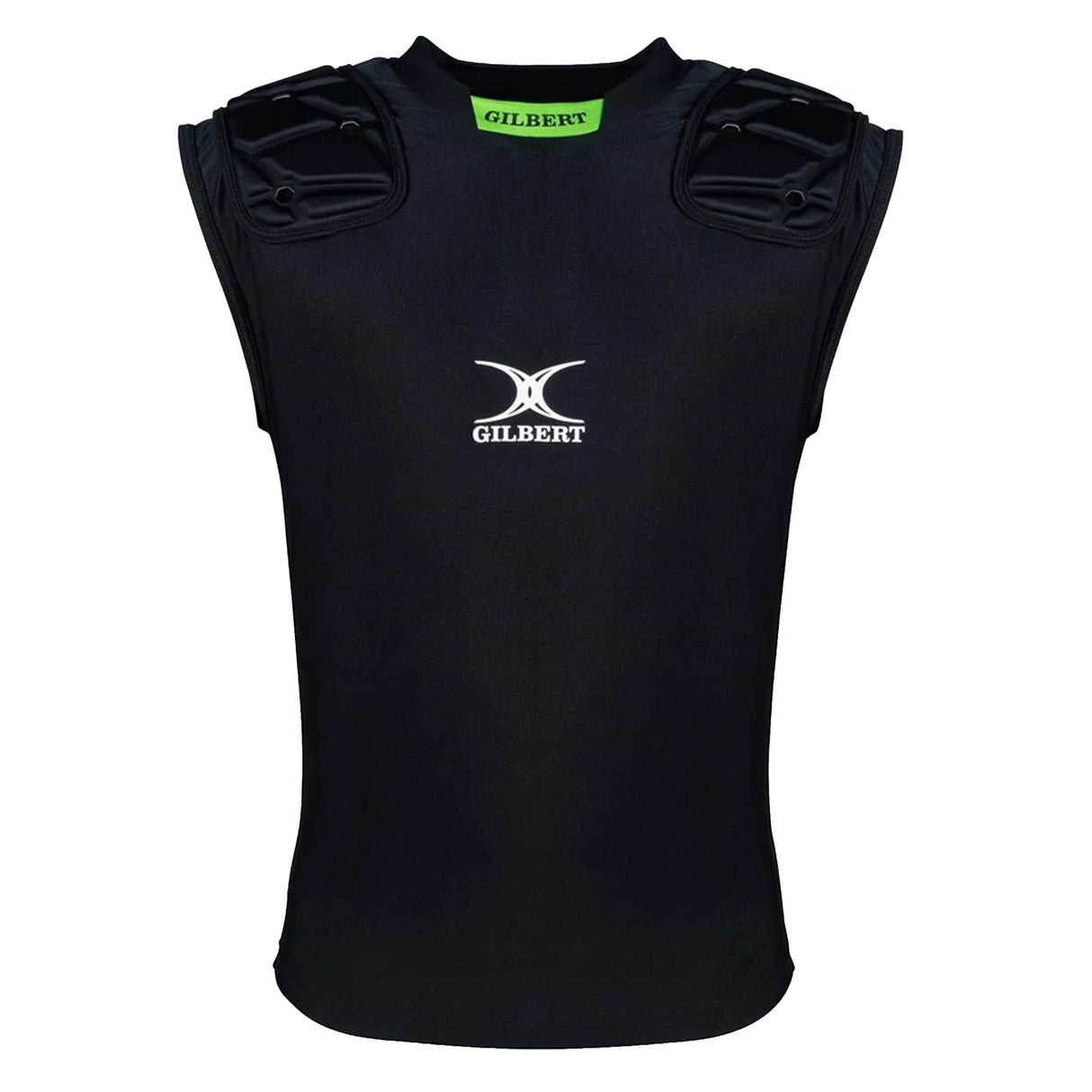 The Gilbert Vapour Vest is a black, sleeveless rugby shoulder pad shirt designed with molded padded sections on the shoulders for superior impact absorption, crafted as a breathable base layer and finished with a white Gilbert logo on the chest.